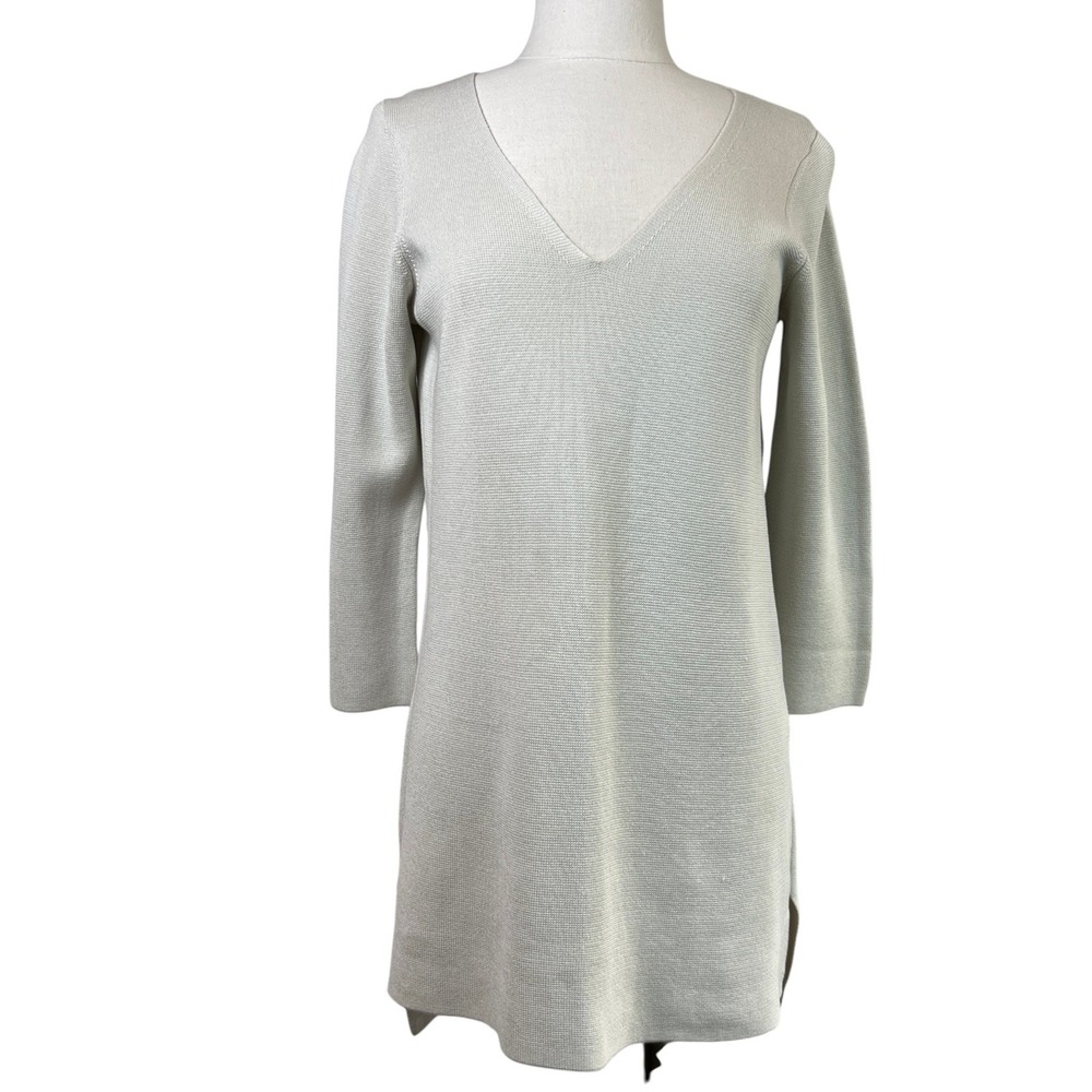Eileen Fisher Silk Organic Cotton Tunic Top Sweater XS V-Neck High Low Beige